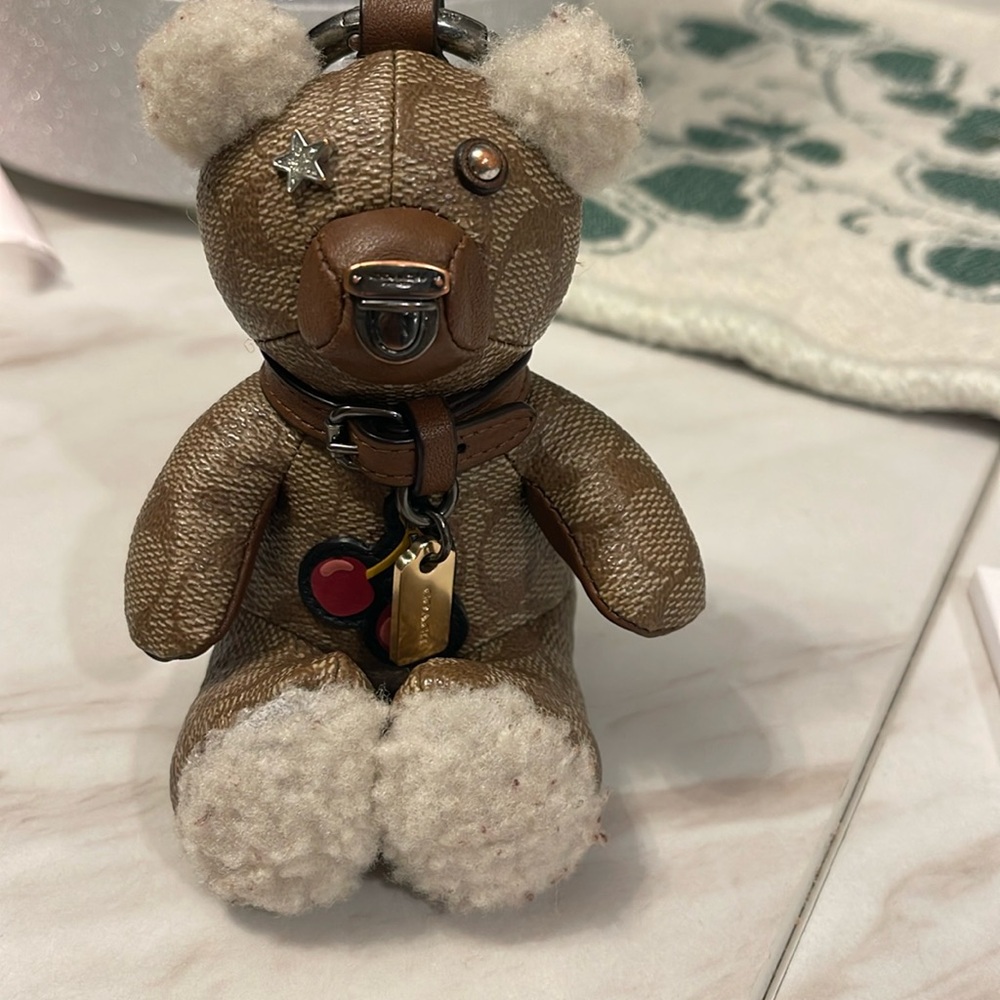 Coach Bear Bag Charm In Signature Canvas Keychain Shearling Gold with cherry